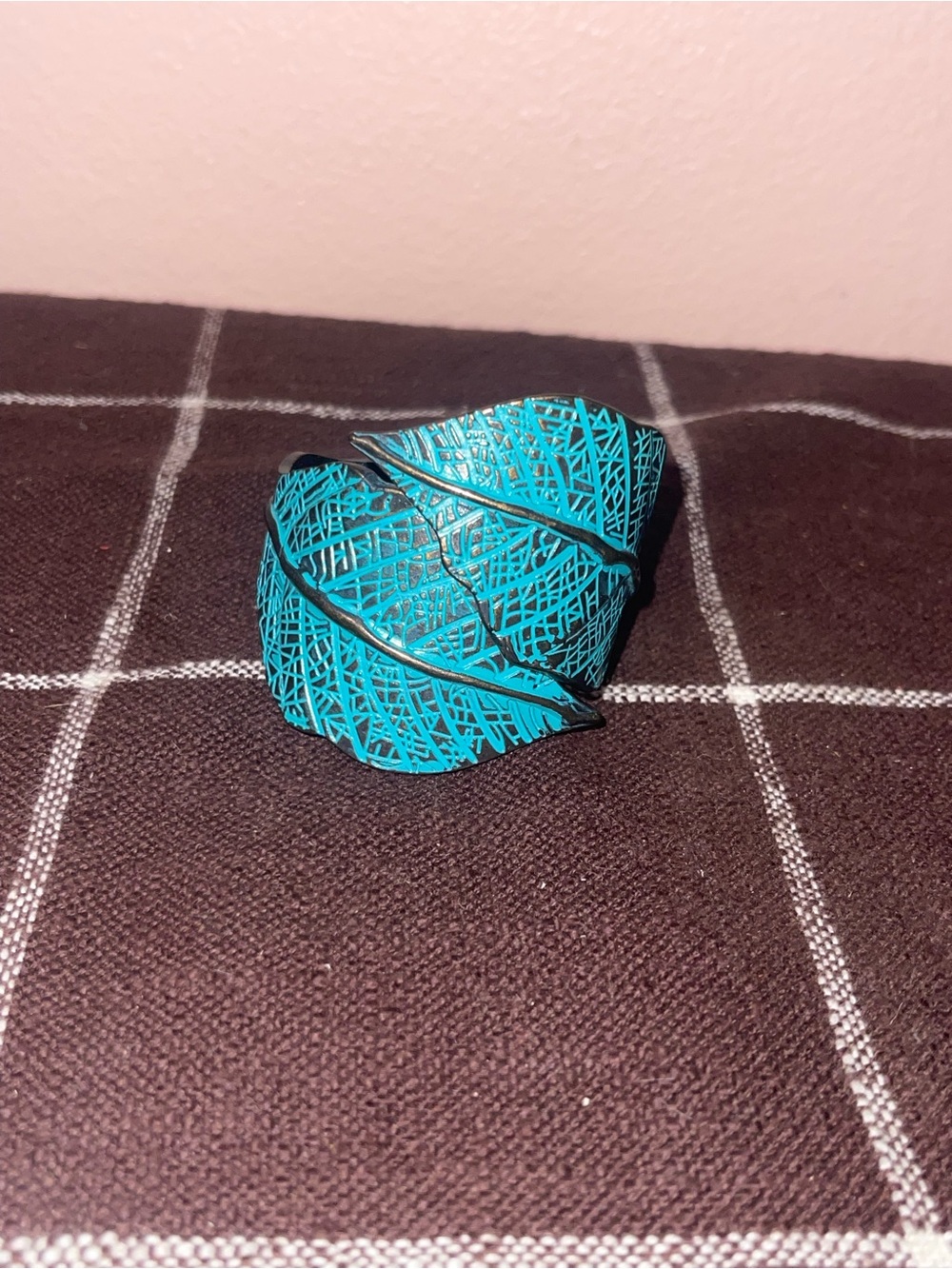 Green Turquoise Leaf Bohemian Cuff Hinged Clamper Bracelet- Vintage